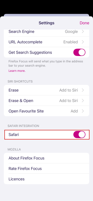 Turning on Safari integration via Firefox Focus browser.