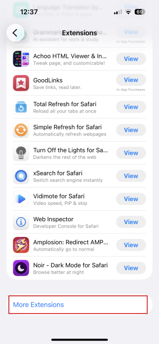 Selecting "More Extensions" to find Firefox Focus for Safari on iPhone. 