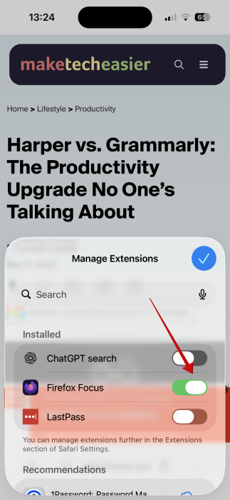 Deactivating Firefox Focus in Safari on iPhone. 