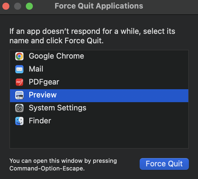 Force Quit Applications Menu