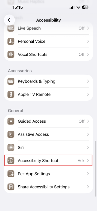 Tapping on "Accessibility Shortcut" in iPhone Settings. 