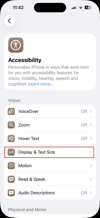 Accessing "Display & Text Size" in iPhone Settings. 