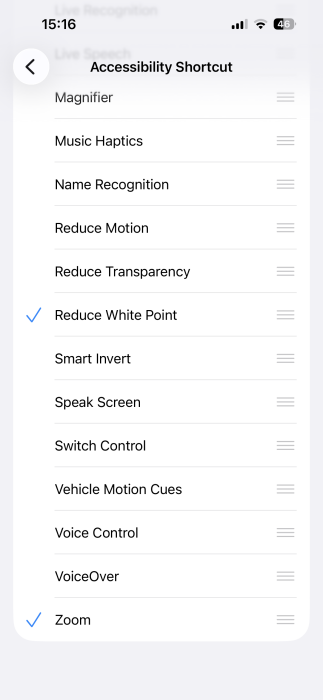Two options set for Accessibility Shortcut on iPhone.