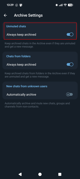 Toggling on "Always keep archived" option in Telegram app archive. 