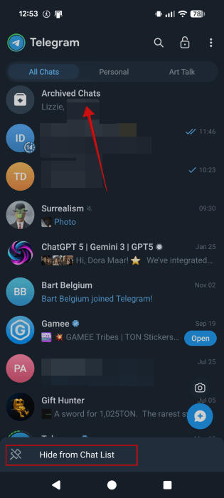 Selecting "Hide from Chat List" option for Archived Chats folder in Telegram app on Android. 
