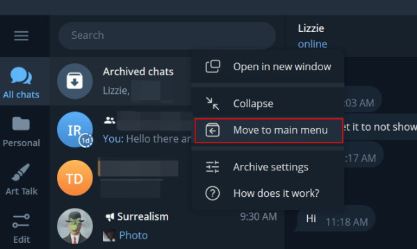 Selecting "Move to main menu" option for "Archived chats" folder in desktop Telegram app. 