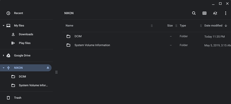 Upload digicam photos to a Chromebook using Files app.