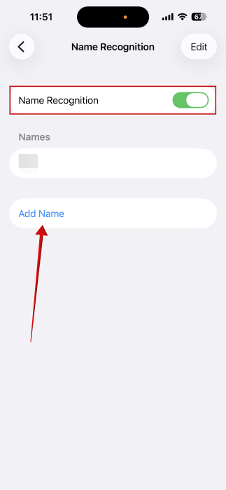 Selecting "Add name" option under Name Recognition on iPhone. 