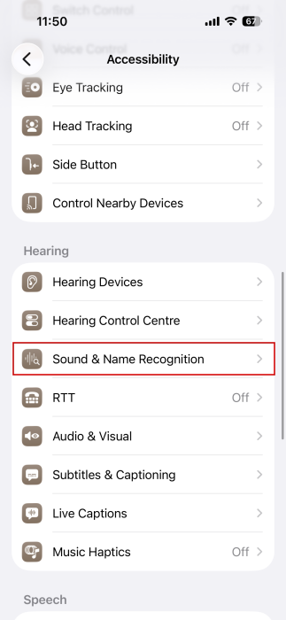 Selecting "Sound & Name Recognition" option in iPhone Settings. 