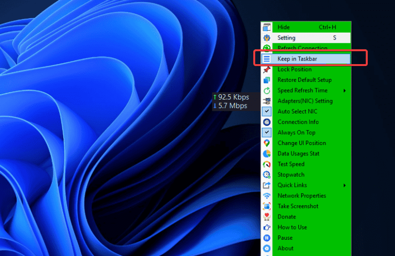 Keep Net Speed Meter In Taskbar