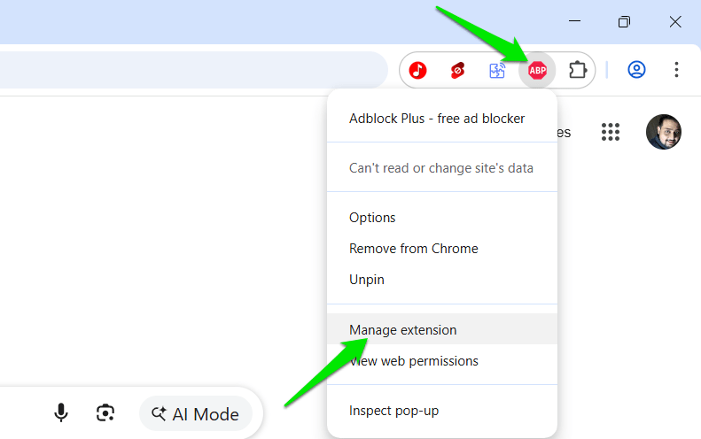 Manage Extension option in Chrome