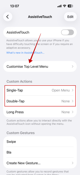 Setting new Custom Actions for Navigation bar and tapping on "Customise Top Level Menu" option in iPhone Accessibility settings. 