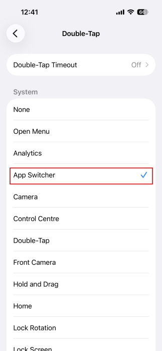 Setting Double-Tap action to App Switcher in iPhone Accessibility settings. 