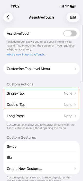 Navigating to "Custom Actions" section in iPhone Accessibility settings. 
