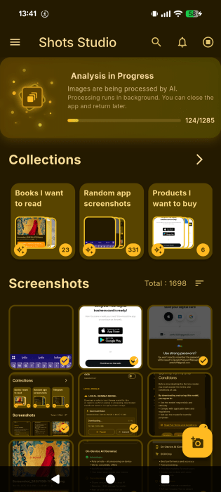 AI in Shots Studio scanning screenshots gallery. 