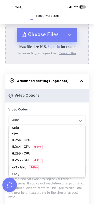 Selecting video codec for WMV conversion using FreeConvert tool on iPhone. 