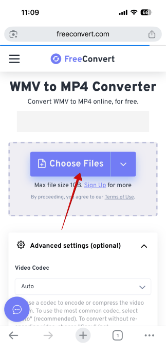 Choosing files to convert on FreeConvert webpage on iPhone. 