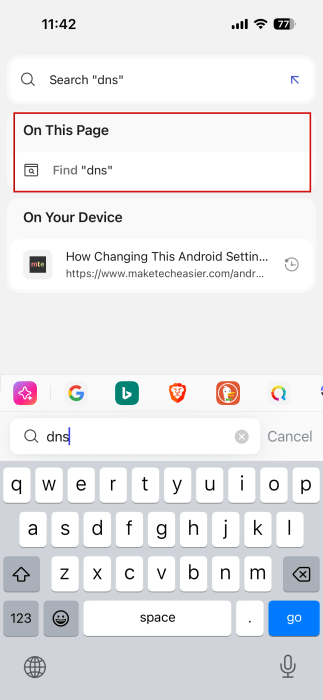 Selecting "On This Page" option in Brave browser on iPhone.