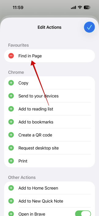 Adding "Find in Page" to Favorites actions in Chrome browser on iPhone. 