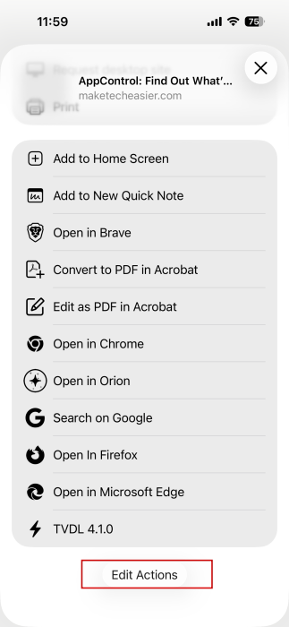 Selecting "Edit Actions" in Chrome menu on iPhone. 