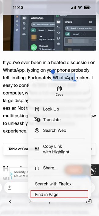 Activating "Find in Page" option from Firefox context menu for selected word on iPhone.