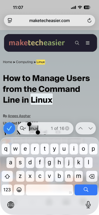 Finding term in webpage opened with Safari on iPhone. 