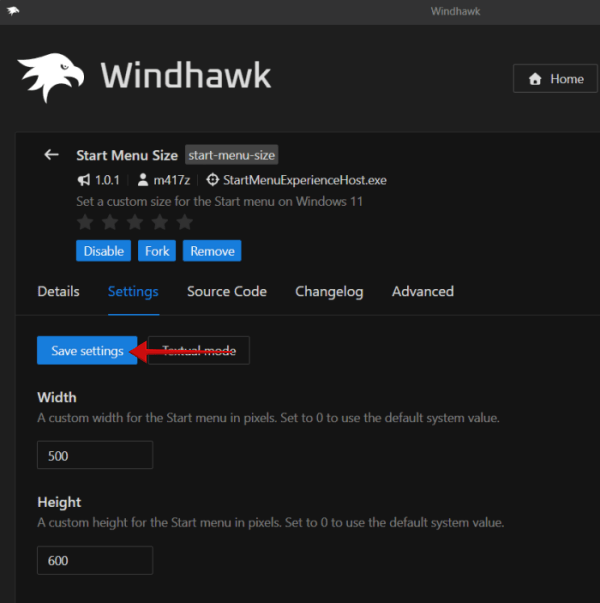 Tapping on "Save settings" after modifying parameters for mod in Windhawk on Windows. 