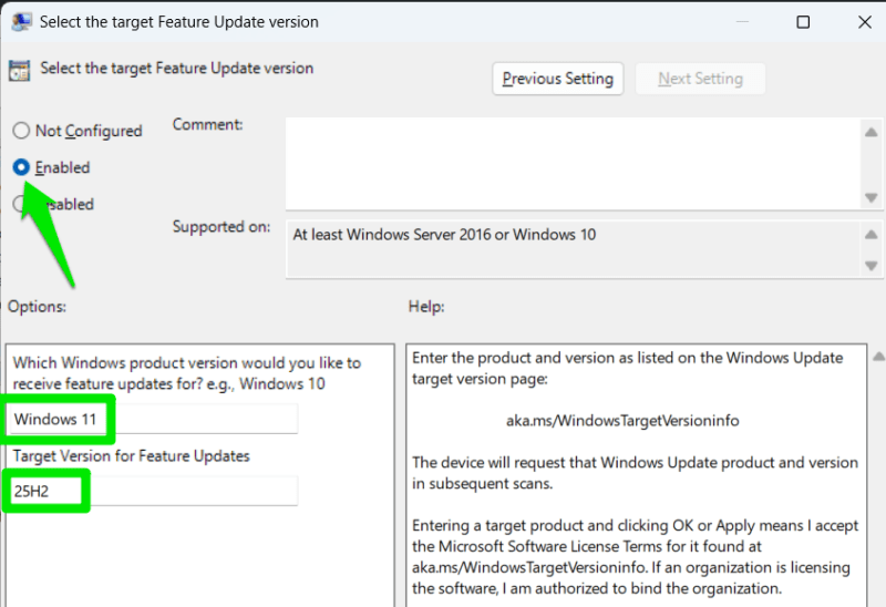 Enabling Target Feature Update