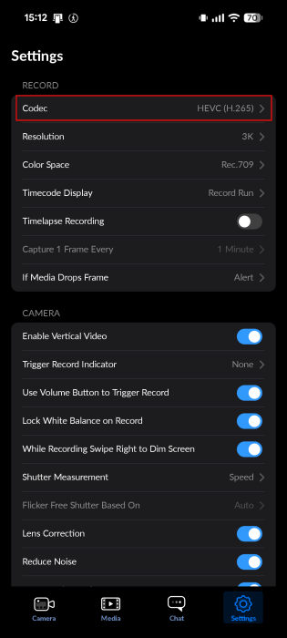 Tapping on "Codec" option in Blackmagic Camera app. 