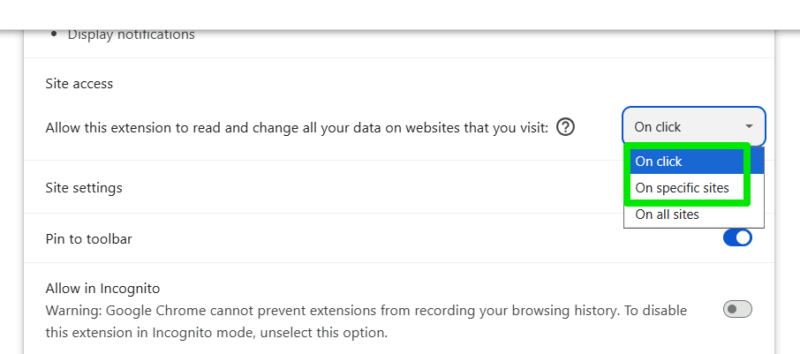 Site Access options in Chrome