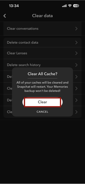 Snapchat Settings Clear Cache Confirm