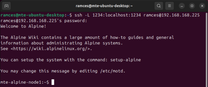 A terminal showing the command to create a single SSH tunnel in Ubuntu Linux.