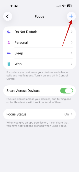 Tapping on "+" button in iPhone Focus Settings. 