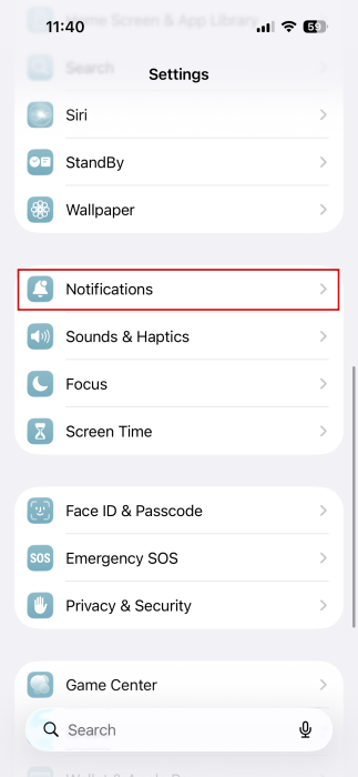 Accessing "Notifications" via iPhone Settings. 
