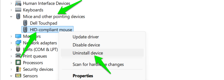 Uninstall mouse driver button in device manager