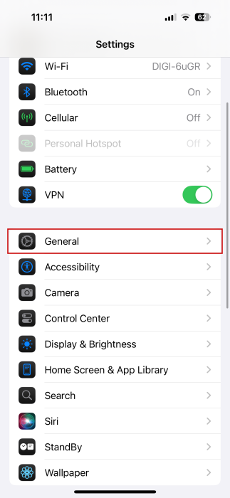 Accessing General Settings on iPhone. 