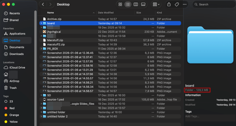 Viewing folder size in Preview View on macOS. 