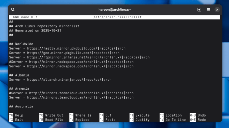 Viewing Arch Linux Mirrorlist Repository On Terminal