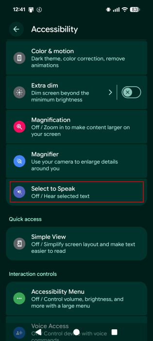 Tapping on "Select to Speak" option in Accessibility settings on Android.