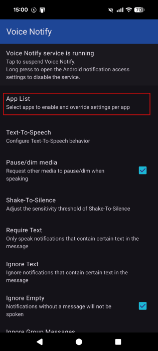 Tapping on "App List" option in Voice Notify app. 
