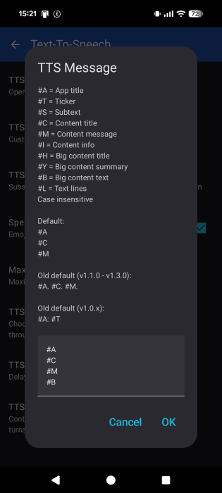 Customizing which parts of the notification are spoken in Voice Notify app on Android. 