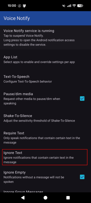 Tapping on "Ignore Text" option in Voice Notify app on Android. 