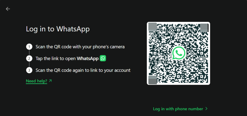 Login screen for WhatsApp desktop app on Windows. 