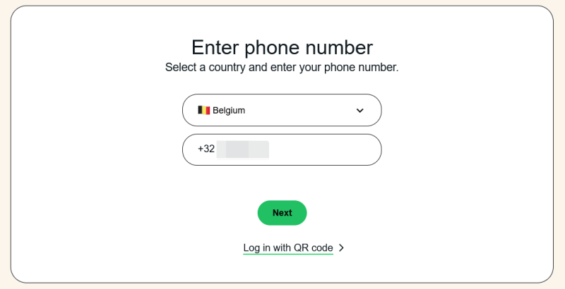 Entering phone number to log in with WhatsApp Web. 