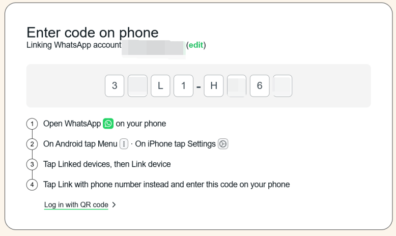Prompt to enter code on phone to login with WhatsApp Web on PC. 