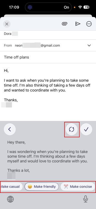 AI text improvement suggestions in Willow app on iPhone.
