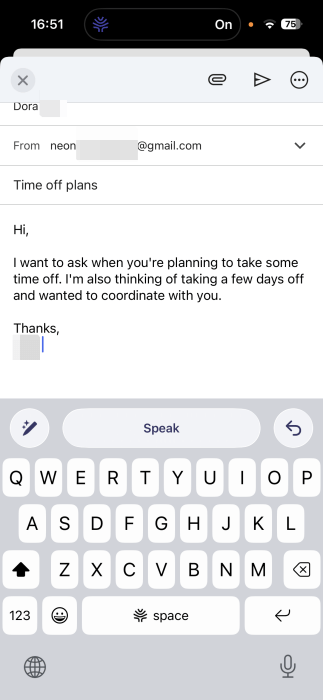 Email example dictated using Willow on iPhone. 