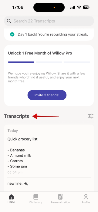 Viewing previous transcripts in Willow app on iPhone. 