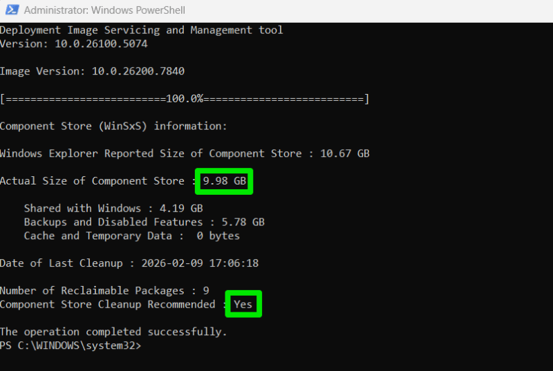 WinSxS Folder current size in PowerShell