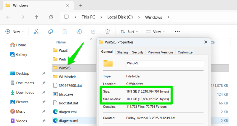 WinSxS Folder Size showing in File Explorer